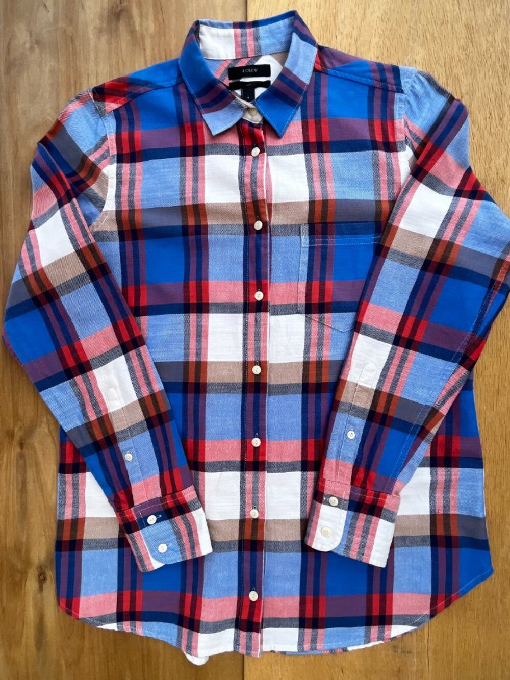 J CREW PLAID BUTTON DOWN LONG SLEEVE TOP WOMEN’S sz 4 Boy Fit Blue White
